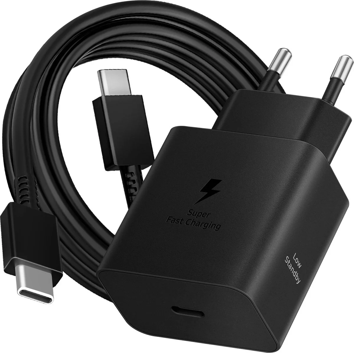 Samsung Super Fast Charging Oplader 45W Zwart + Usb C Kabel 1,8m Zwart Kunststof