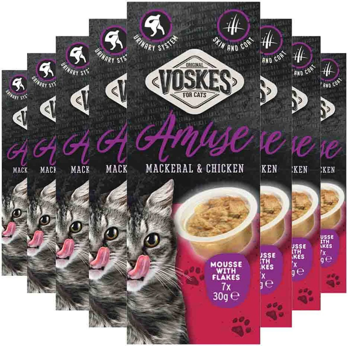8x Voskes Kattensnack Mousse Makreel&Kip 7x30 gr