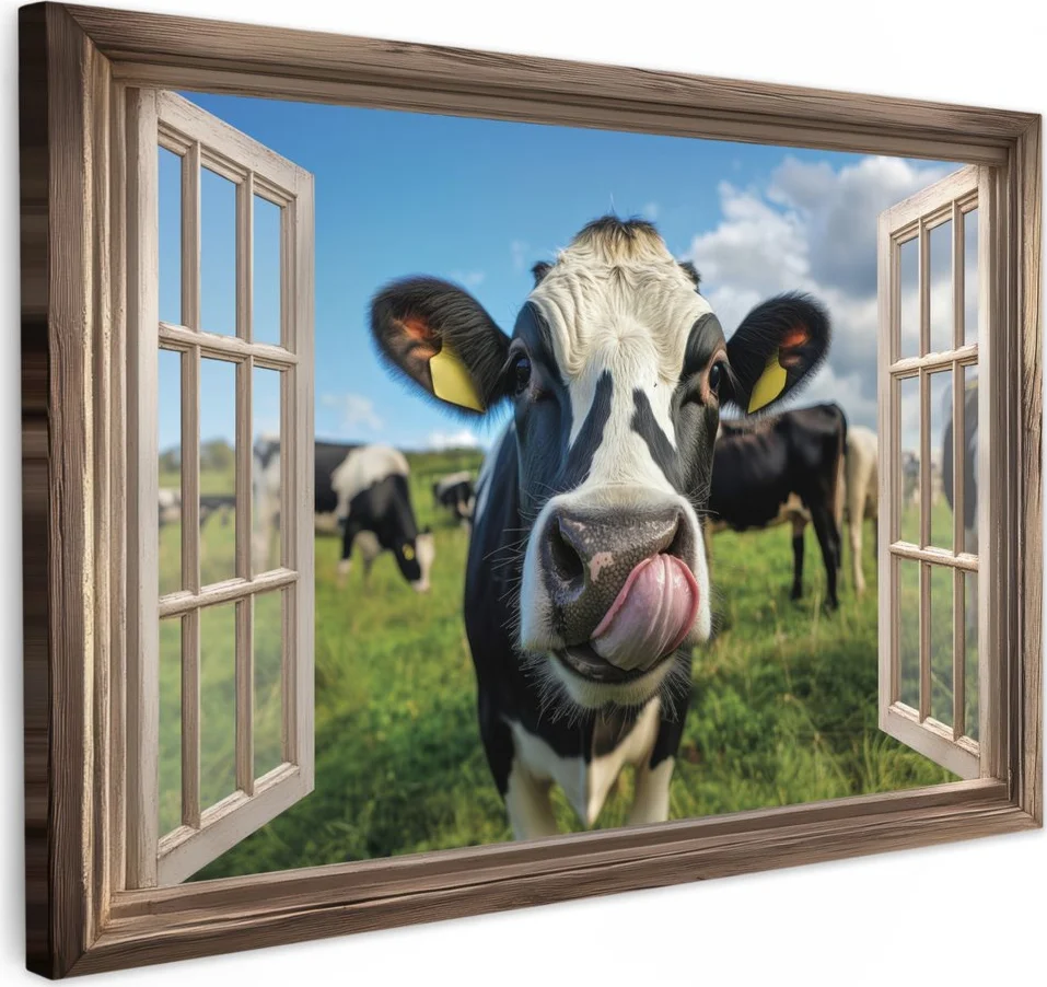 Tuinschilderij voor buiten 60x40 cm - Tuindecoratie Doorkijk - Koe - Weiland - Dieren - Natuur - Tuinposter op canvas - Tuin muurdecoratie - Buitenschilderij decoratie - Schutting wanddecoratie - Buitencanvas