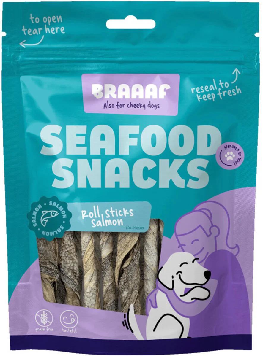 12x Braaaf Hondensnack Sticks Zalmhuid 12 cm 70 gr