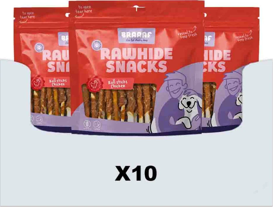 10x Braaaf Hondensnack Rol Sticks Kip 12,5 cm 300 gr