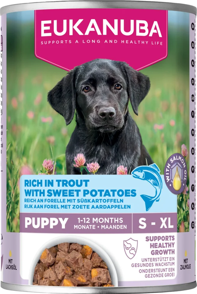 6x Eukanuba Hondenvoer Nat Life Care Dog Puppy Forel en Zoete Aardappel 400 gr