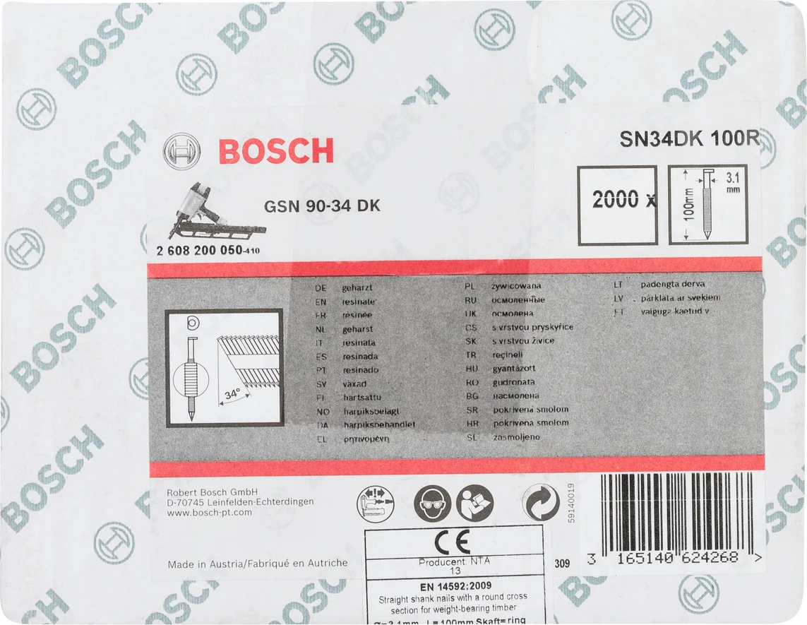 Bosch Professional PRO SN34CH D-kop nagel 100 mm | 34° | Geringd | Blank | 3,1 x 7,1 (D-vorm) | 2000 stuks - 2608200050