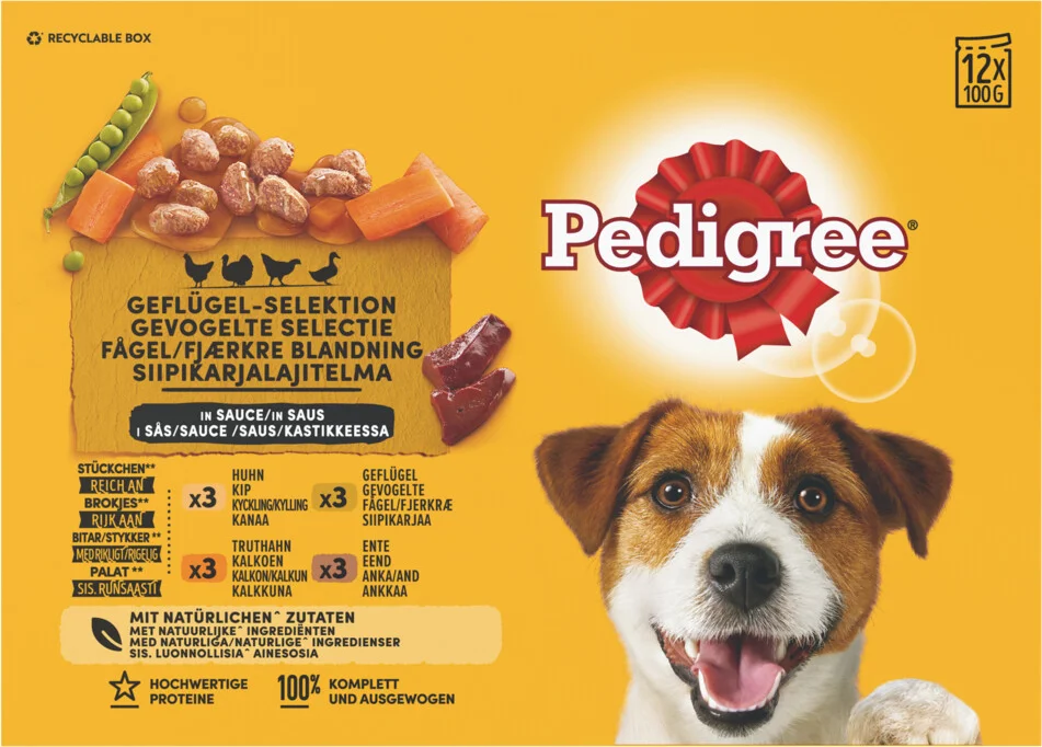 Pedigree Adult Hondenvoer Maaltijdzakjes in Saus Gevogelte en Groenten 12 x 100 gr
