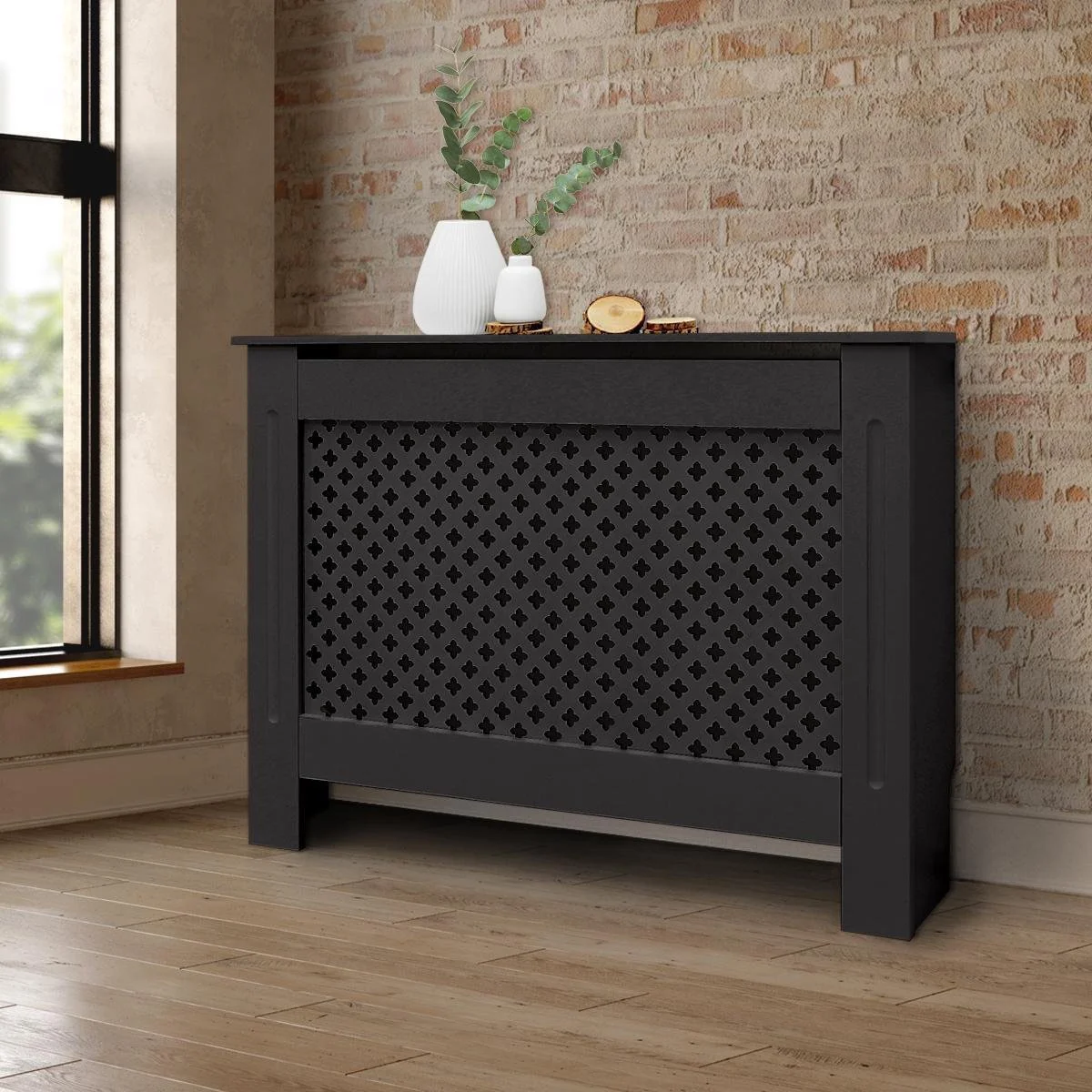 ECD Germany home style serie radiator hoes verwarming omkasting met honingraatpatroon afmetingen 112x19x82 cm kleur zwart vervaardigd uit gelakt MDF ideaal voor woonkamer en slaapkamerinterieur