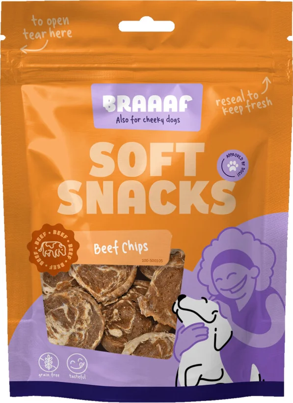 10x Braaaf Hondensnack Chips Rund Steak met Vis 85 gr