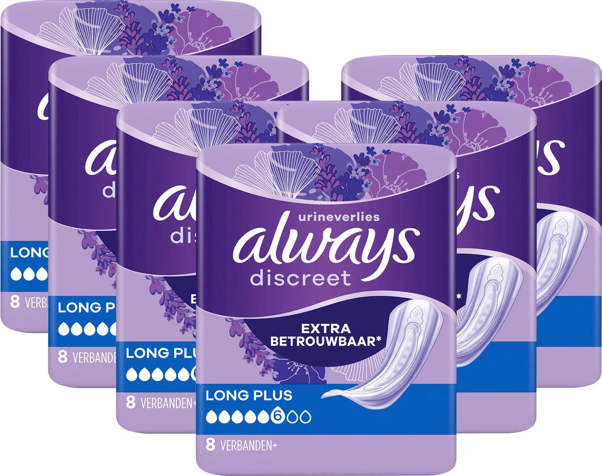 6x Always Discreet Incontinentie Verband Long Plus 8 stuks