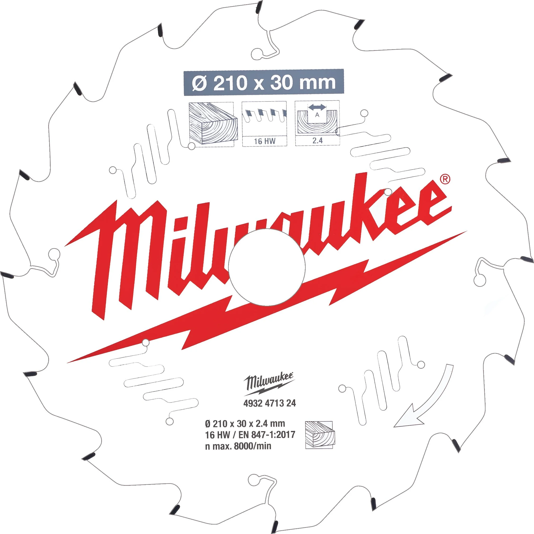 Milwaukee Cirkelzaagblad voor Hout | Ø 210mm Asgat 30mm 16T - 4932471324