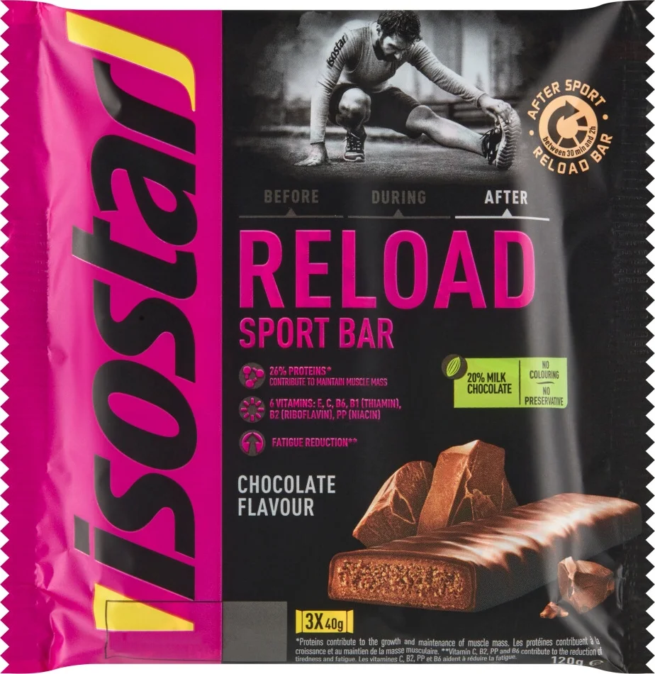 6x Isostar Reload Sportreep Chocolade 3 x 40 gr