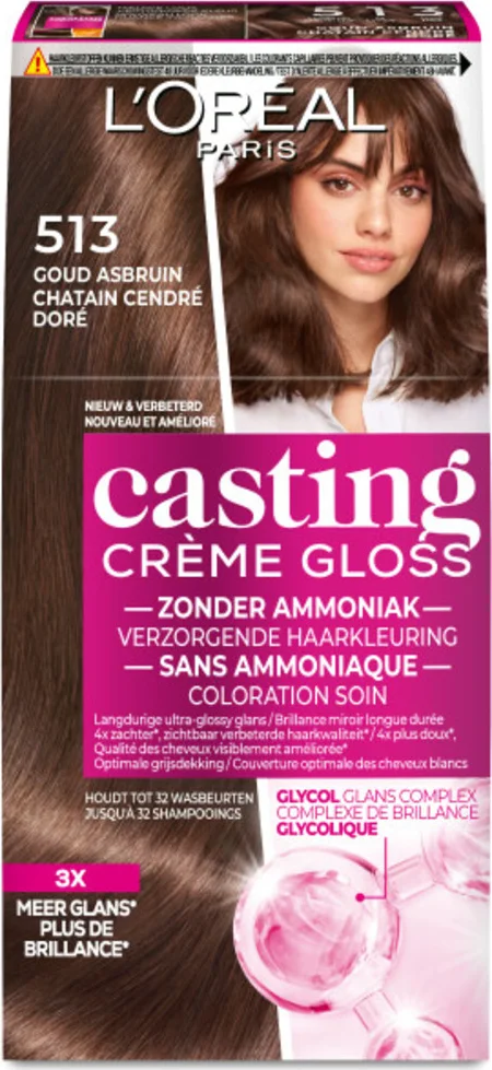 3x L'Oréal Casting Crème Gloss Semi-Permanente Haarkleuring 513 Goud Asbruin