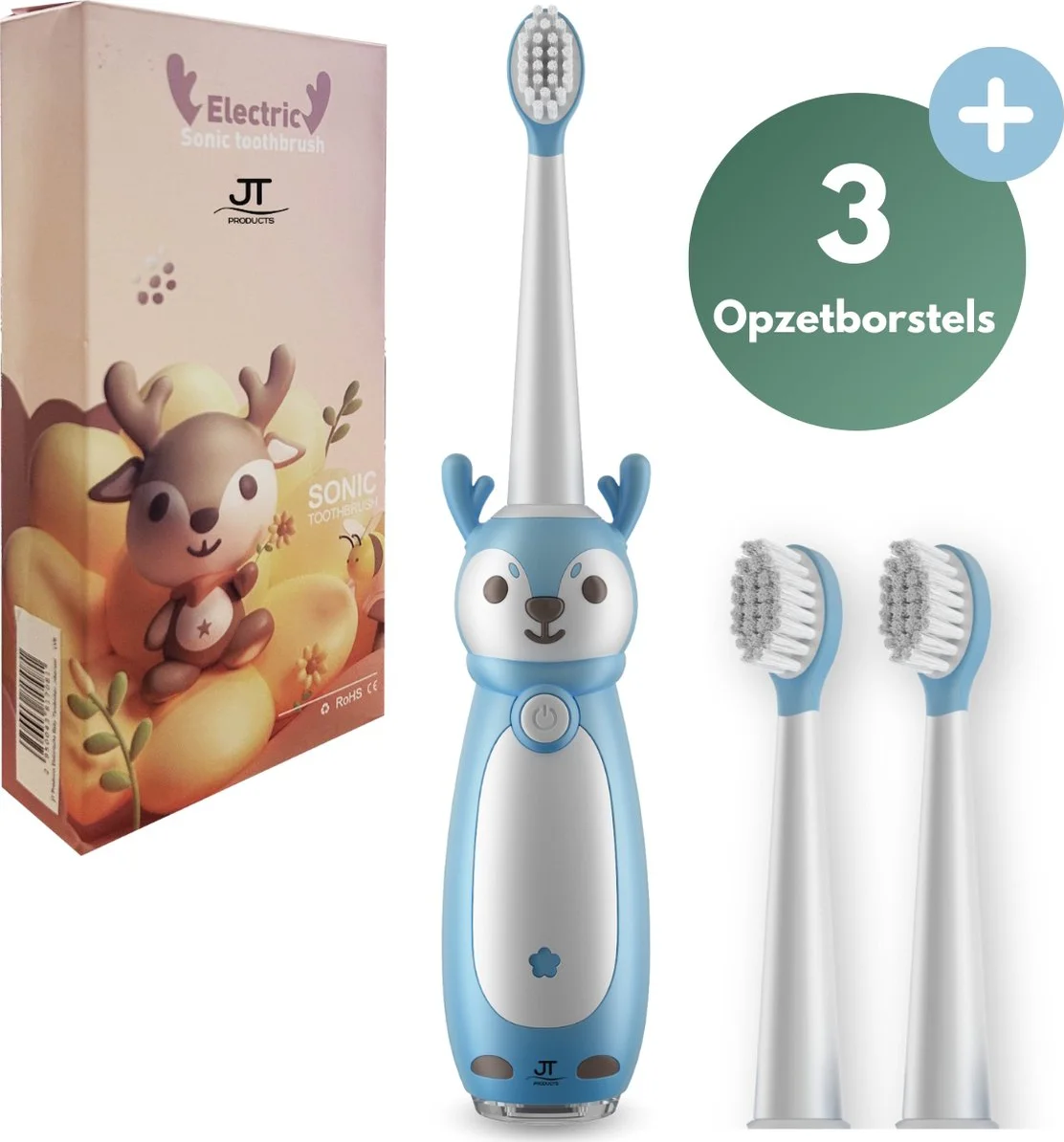 JT Products Sonische Elektrische Baby Tandenborstel Blauw – 1 t/m4 Jaar - Oplaadbaar - Met Timer - 3 Poetsstanden - Peuter - Kind - Waterdicht - Cadeau Baby - Elektrische Tandenborstel Kinderen - Kindertandenborstel - Electrische Tandenborstel