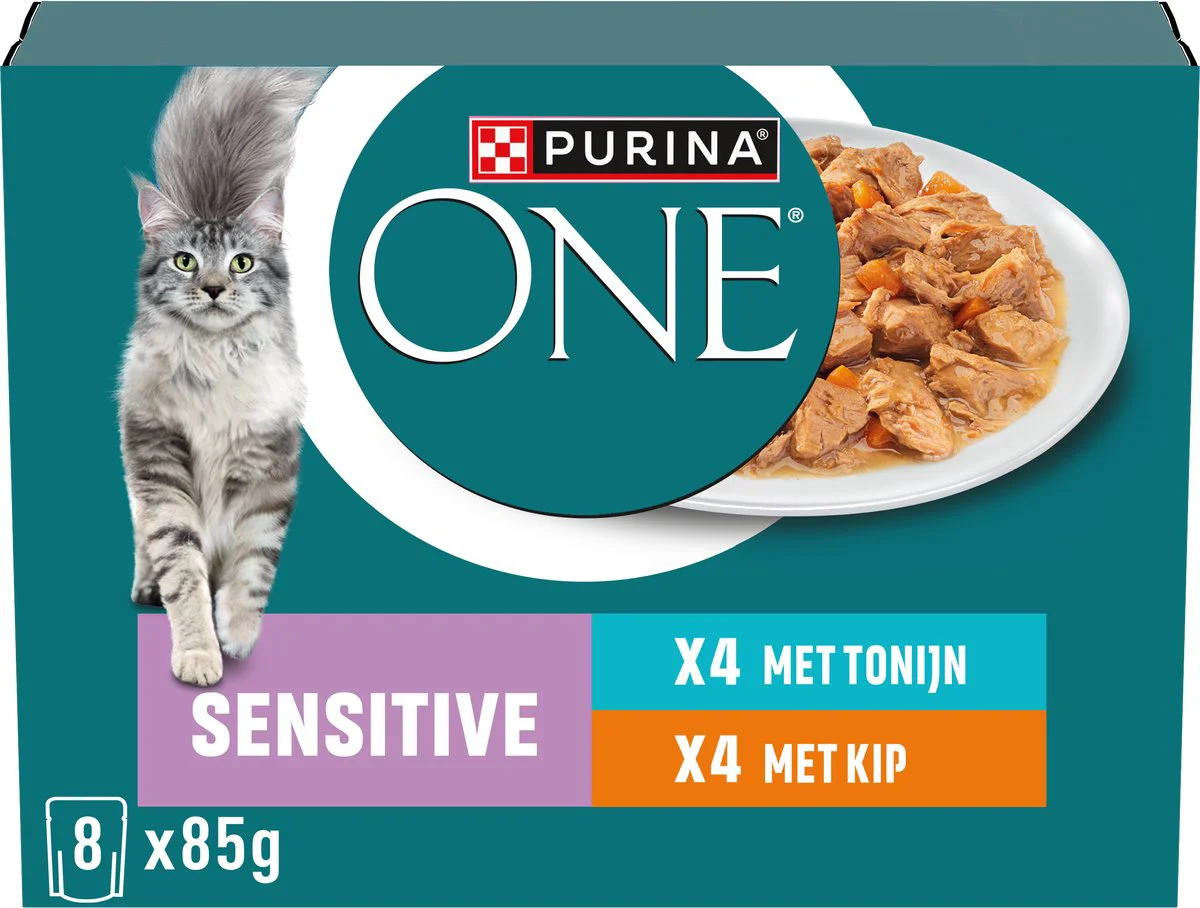 5x Purina ONE Kattenvoer Nat Adult Sensitive Kip & Tonijn 8 x 85 gr