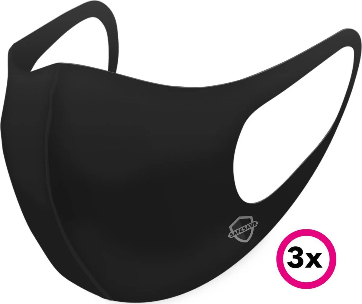 SAFESAVE mondkapjes wasbaar en herbruikbaar geen wegwerp - 100% neopreen gesteriliseerd Mondkapje - Mondmasker - Face mask-Unisex dames/heren gezichtsmasker-Volwassen boven 13 jaar- EN14683:2019 Gecertificeerd - 3 Stuks - Zwart
