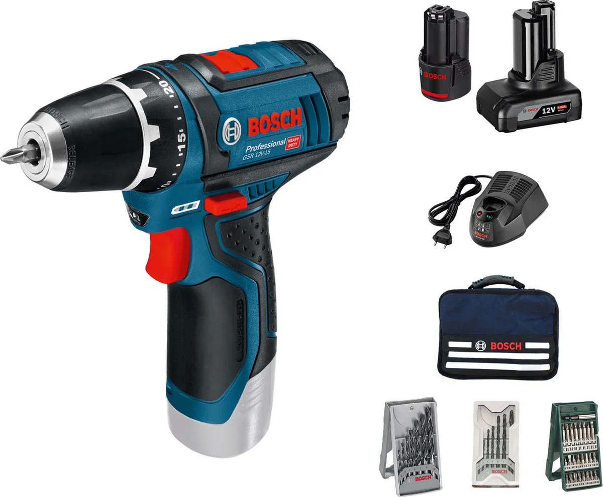 Bosch Professional GSR 12V-15 Accu Schroefboormachine 12V 2.0/4.0Ah + 39-delige accessoireset in Tas - 0615990G6L