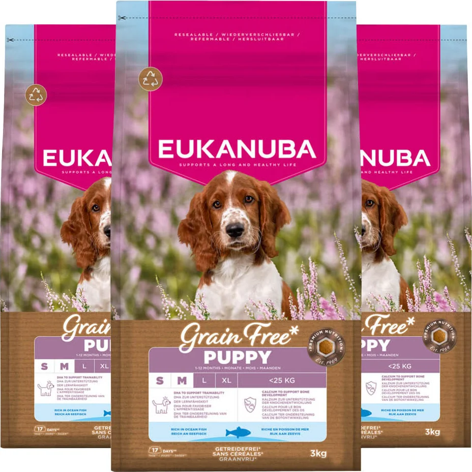 3x Eukanuba Hondenvoer Droog Grain Free Puppy Small/Medium Oceaanvis 3 kg