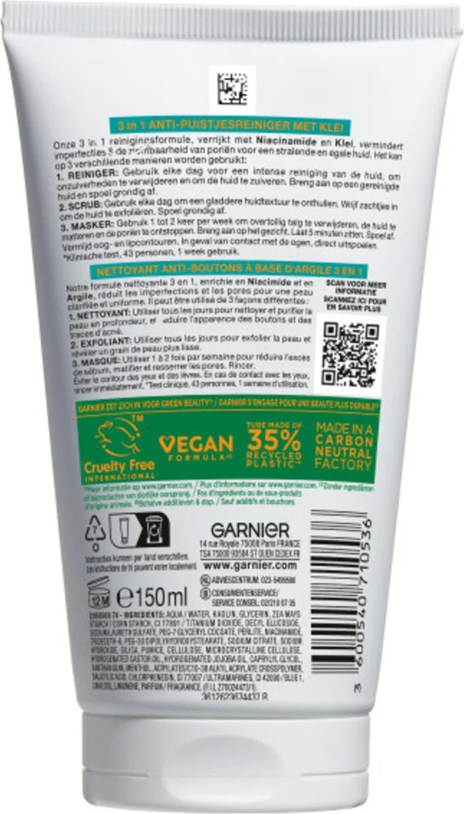 3x Garnier PureActive 3-in-1 Gezichtsreiniging met Klei Argile & Niacinamide 150 ml