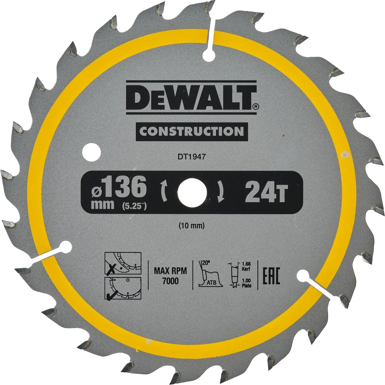 DeWALT Cirkelzaagblad voor Hout | Construction | Ø 136mm Asgat 10mm 24T - DT1947-QZ