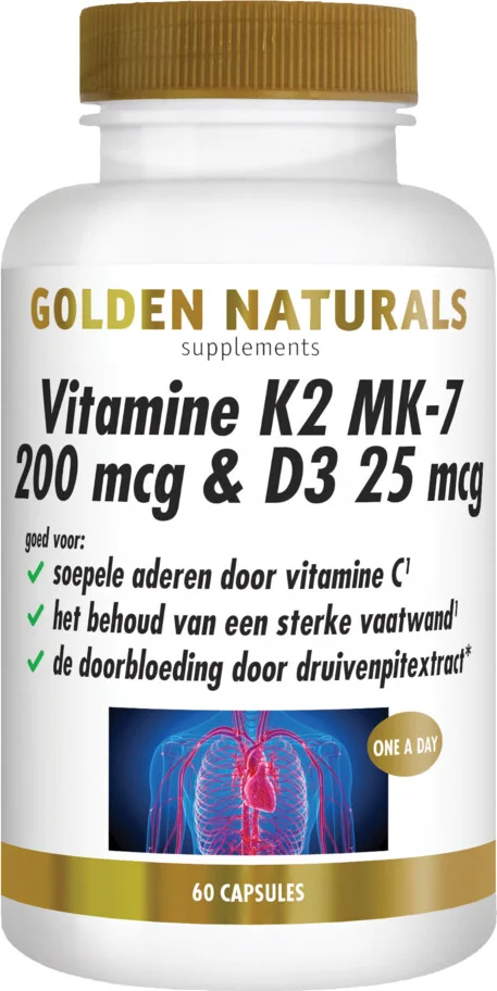 2x Golden Naturals Vitamine K2 200 mcg & D3 25mcg 60 vegacapsules