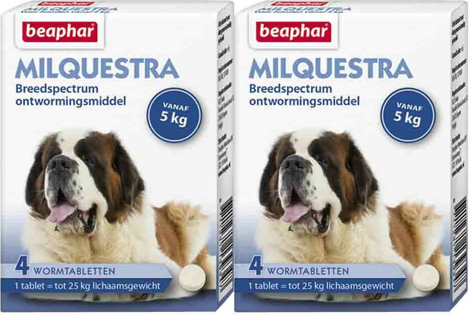 2x Beaphar Milquestra Ontworming Tabletten Hond 5 - 75 kg 4 tabletten