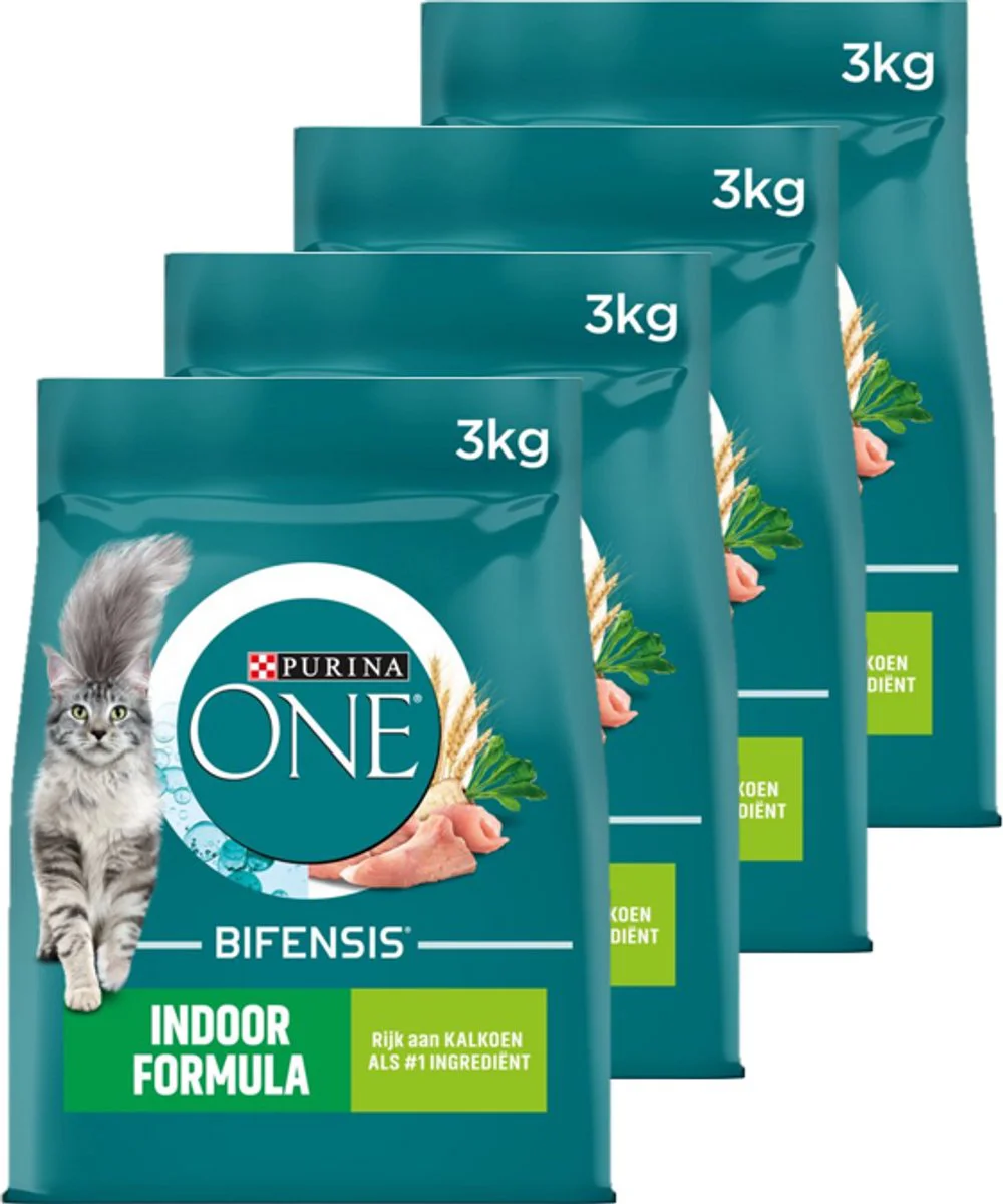 4x Purina ONE Kattenvoer Droog Indoor Kalkoen 3 kg