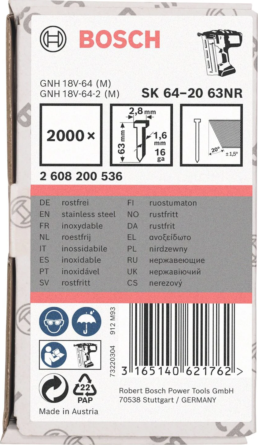 Bosch Professional Afwerknagel RVS 63mm 20° 16Ga VE=2000 - 2608200536