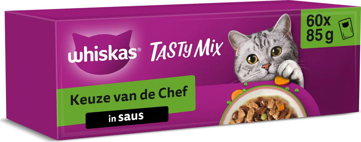 Whiskas Adult 1+ Saus Selectie Van De Chef Maaltijdzakjes Kattenvoer Nat Multipack 60 x 85 gr