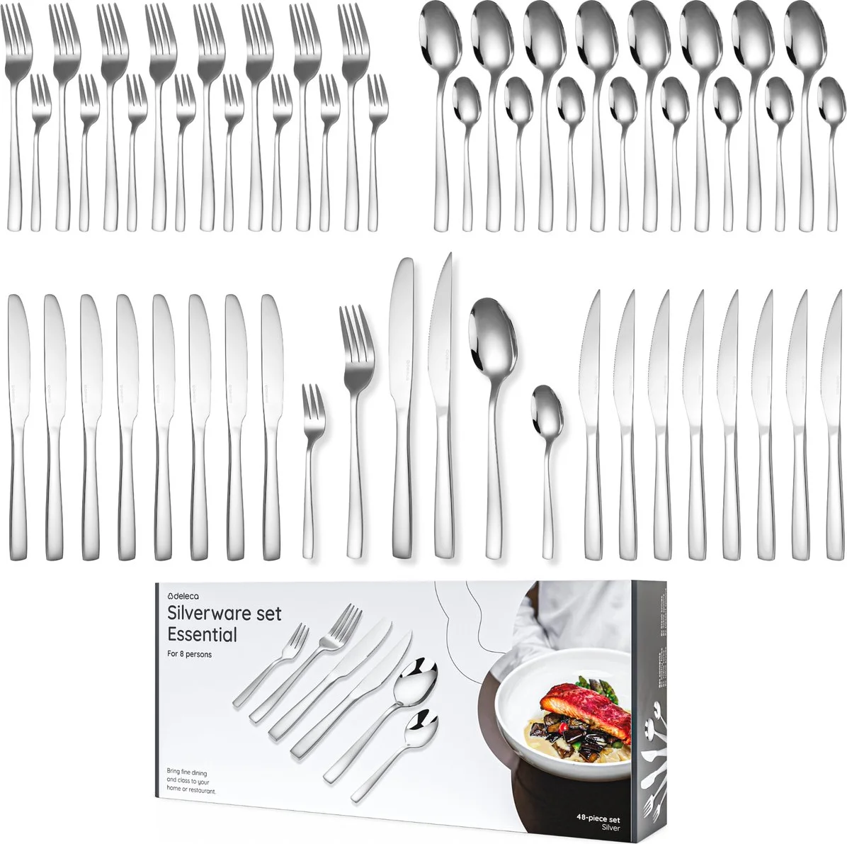 Deleca 8 Persoons Bestekset Essential (48-delig) - Lepels, Messen, Vorken, Steakmessen & Gebaksvorkjes - Vaatwasserbestendig Bestek - Glanzend Zilver / Edelstaal