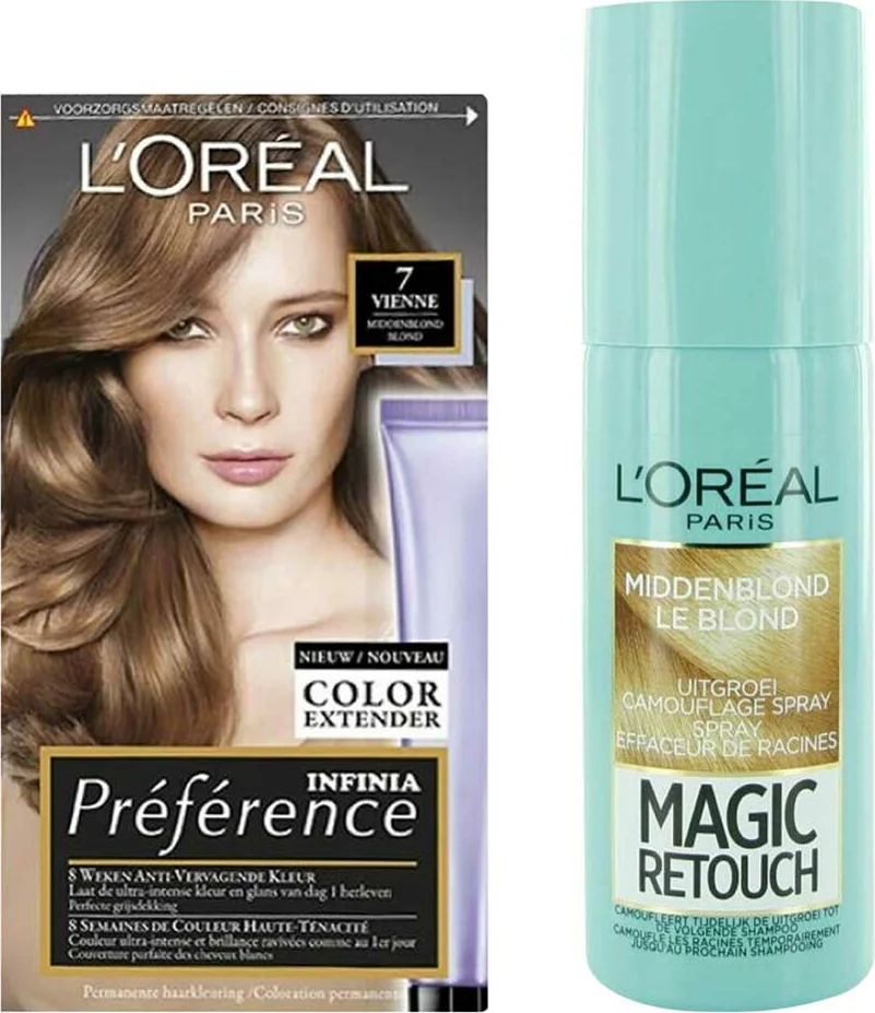 L'Oréal Preference Haarkleuring 07 Vienne - Midden Blond + Magic Retouch Uitgroeispray Middenblond 75 ml Pakket