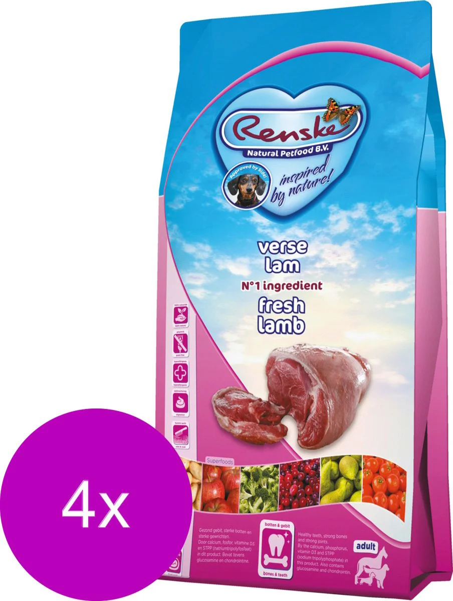 4x Renske Super Premium Graanvrij Adult Hondenvoer Lam 2 kg