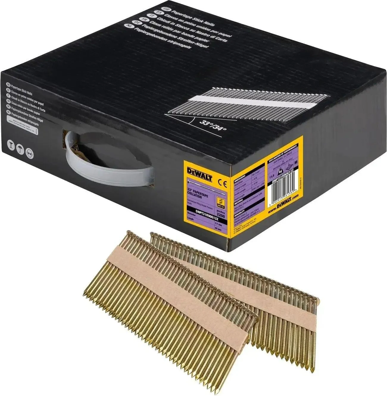 DeWALT DNPT31R90G12Z 33º Papiergebonden Spijkers 3.1x90mm Verzinkt / Geringd VE=2200