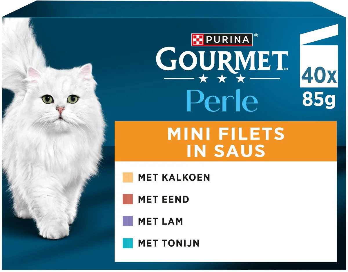 Gourmet Perle Kattenvoer Nat Mini Filets in Saus Kalkoen, Eend, Tonijn & Lam 40 x 85 gr