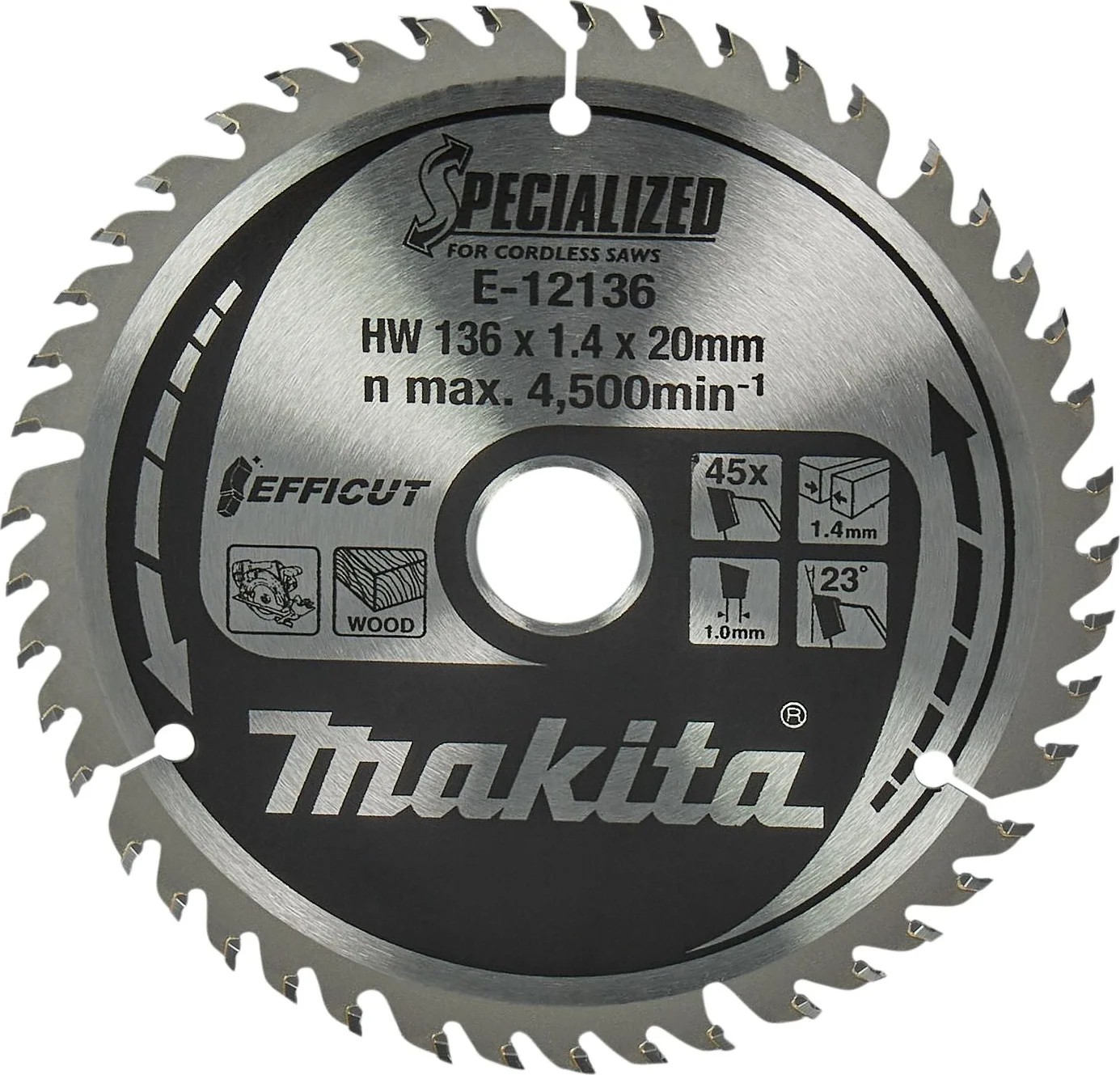Makita Cirkelzaagblad voor Hout | Efficut | Ø 136mm Asgat 20mm 45T - E-12136