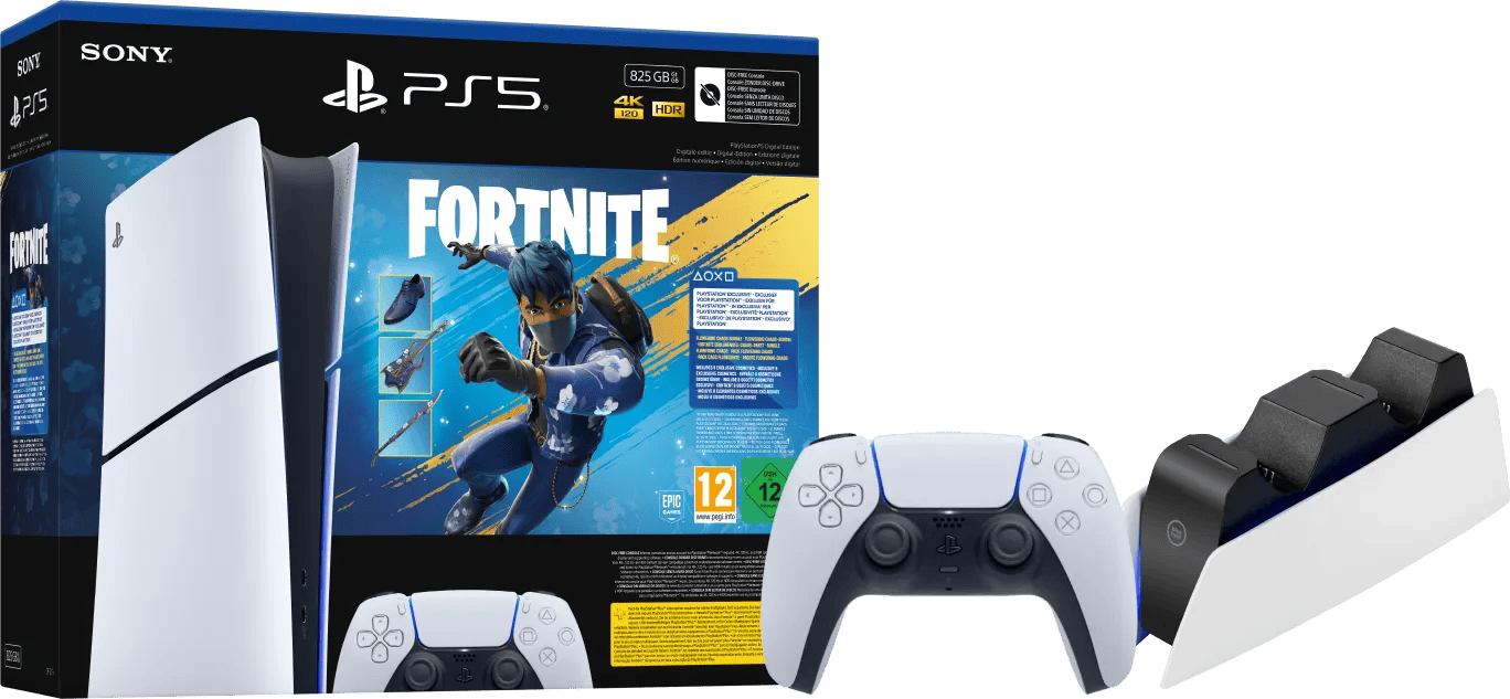 Sony PlayStation 5 Slim Digital Edition Fortnite bundel + Extra Controller Wit + Oplaadstation