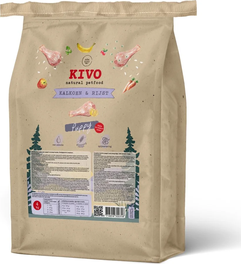 Kivo Hondenvoer Droog Kalkoen & Rijst Puppy Glutenvrij 4 kg
