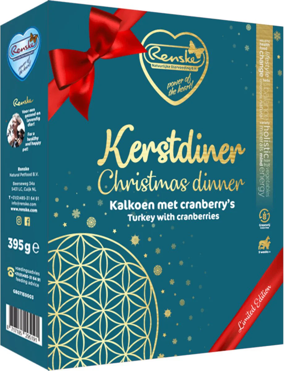 10x Renske Hondenvoer Vers Gestoomd Complete Menu Kerstdiner Kalkoen & Cranberry 395 gr