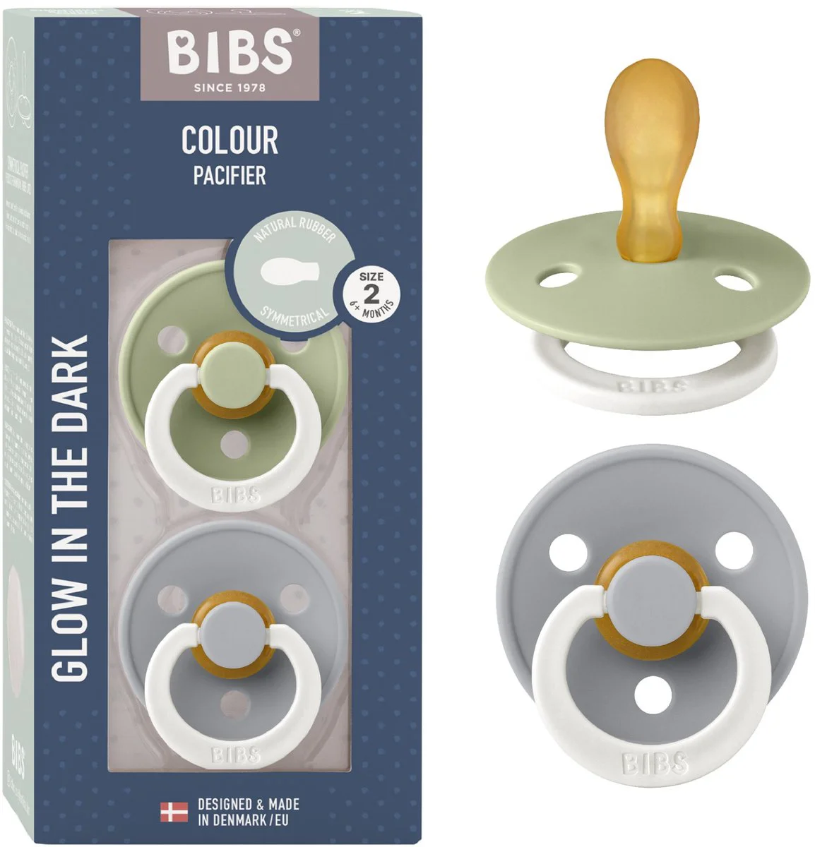 BIBS Glow Fopspeen 6-18 Maanden Symmetrical Sage/Cloud 2ST