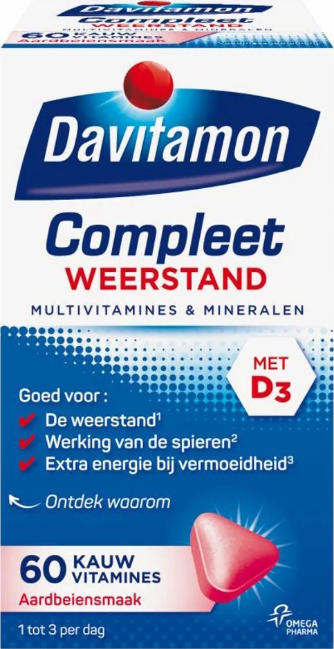 4x Davitamon Compleet Weerstand Kauwvitamines Aardbei 60 kauwtabletten