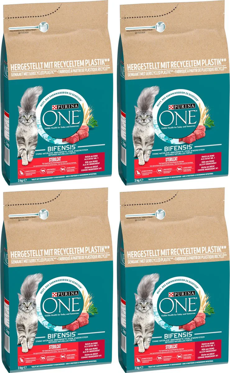 4x Purina ONE Kattenvoer Droog Sterilcat Rund - Tarwe 3 kg
