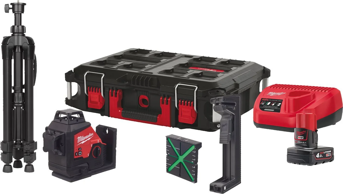 Milwaukee M12 3PLSKIT-401P Accu kruislijnlaser 3x360° groen + statief 12V 4.0Ah in PACKOUT™ - 4933499379