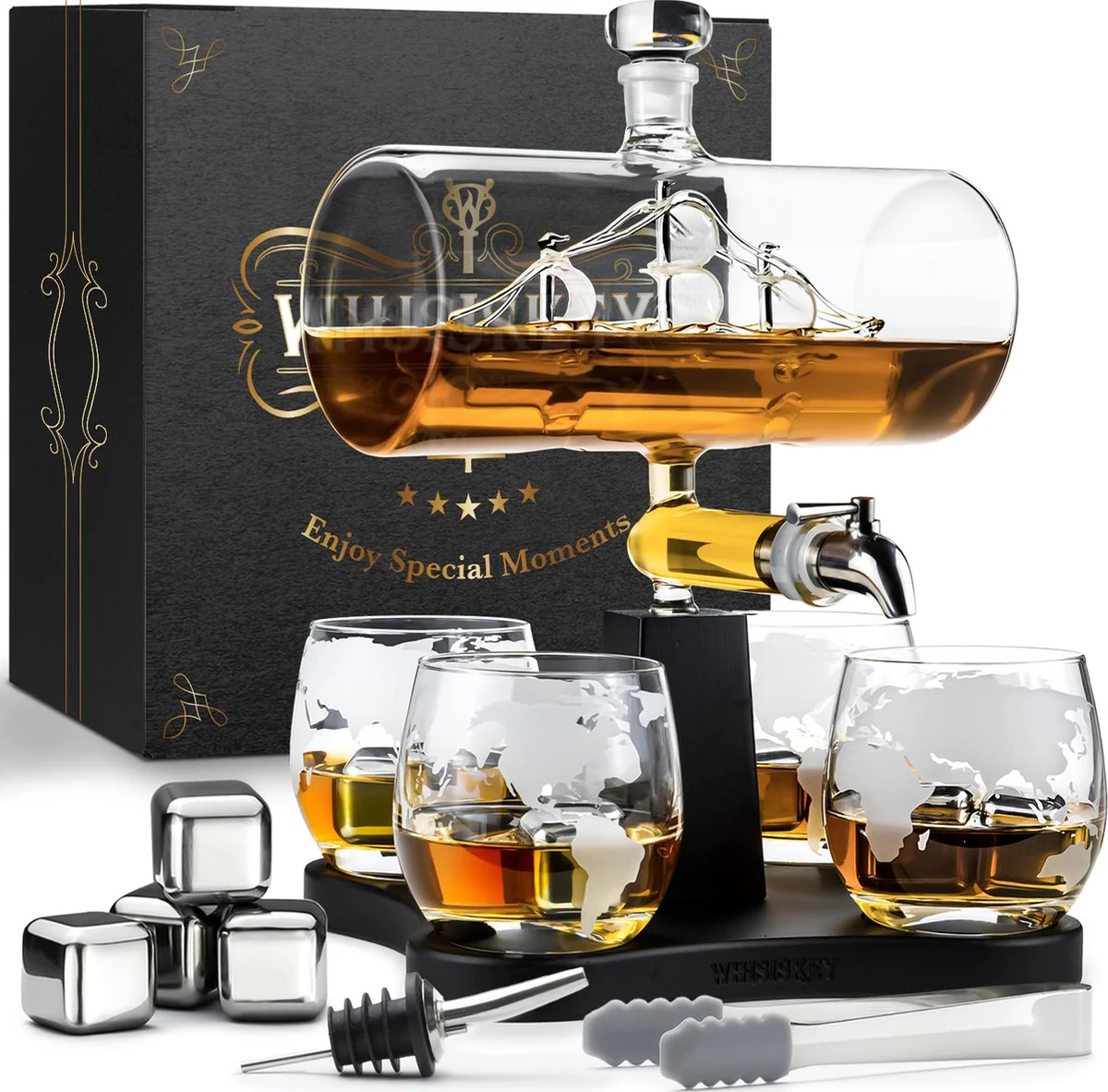 Whisiskey Whiskey Karaf - Luxe Whisky Karaf Set Zeilschip - 1,1L - Decanteer Karaf - Zeilboot - Whiskey Set - Incl. 4 Whiskey Stones, Schenktuit, tap & 4 Whiskey Glazen - Peaky Blinders