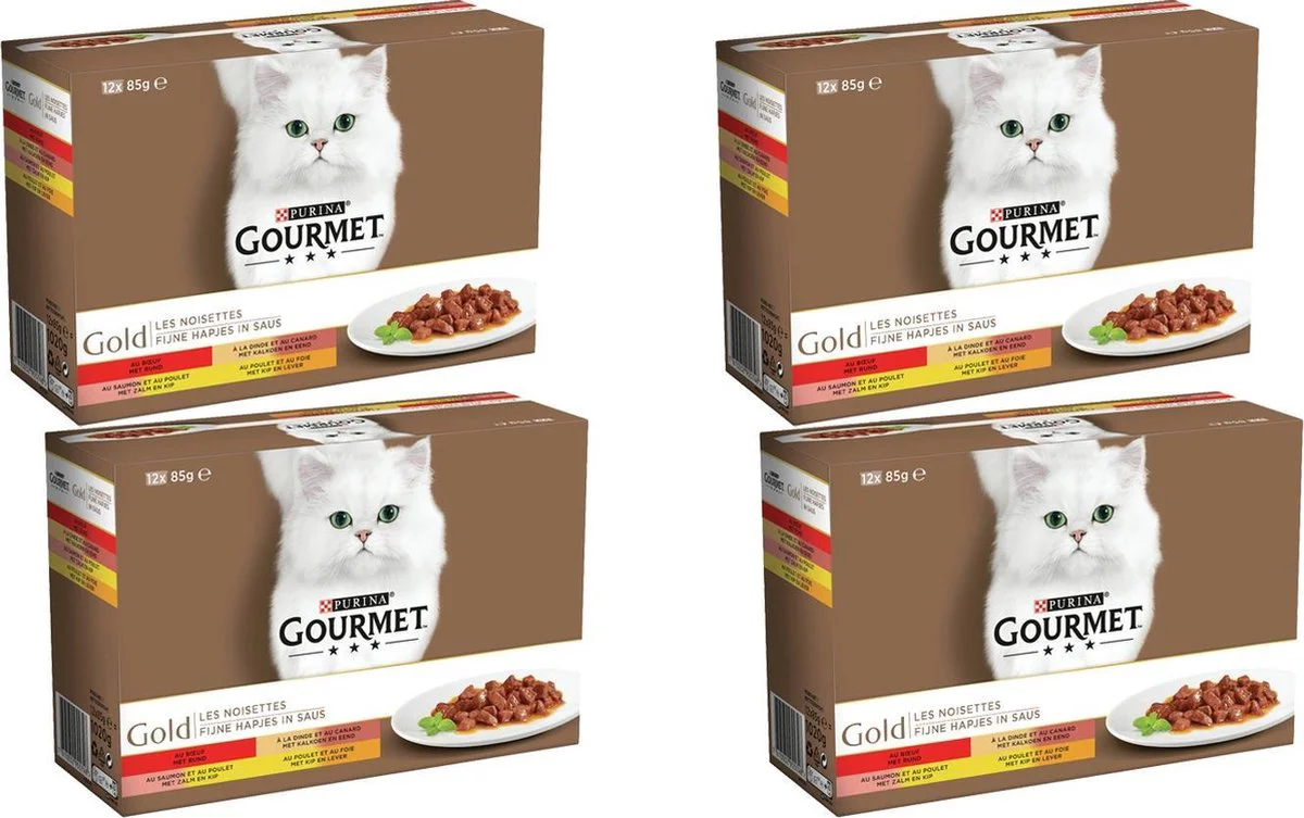 4x Gourmet Gold Kattenvoer Nat Fijne Hapjes Multipack Rood 12 x 85 gr