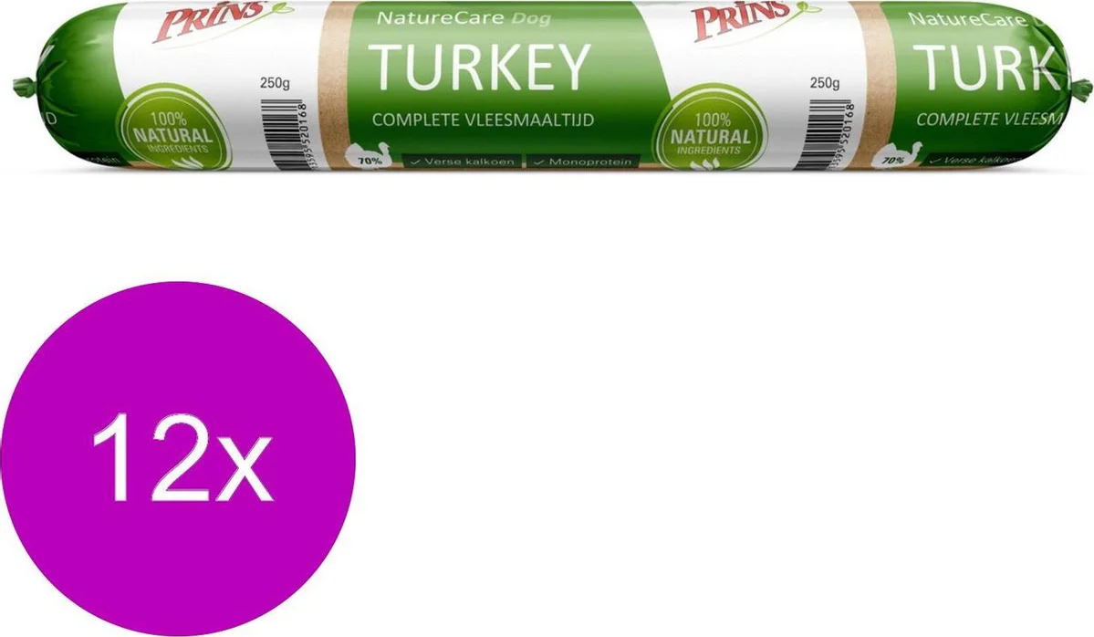 12x Prins NatureCare Hypoallergeen Hondenvoer Worst Kalkoen 250 gr