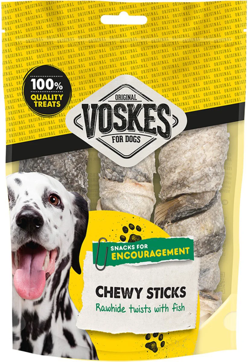 10x Voskes Hondensnack Rawhide Sticks Vis 3 stuks