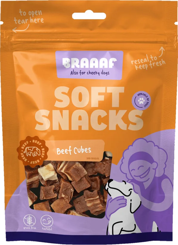 Braaaf Hondensnack Blokjes Rund Steak met Vis 85 gr
