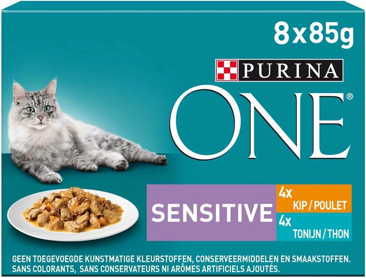 Purina ONE Kattenvoer Nat Adult Sensitive Kip & Tonijn 8 x 85 gr