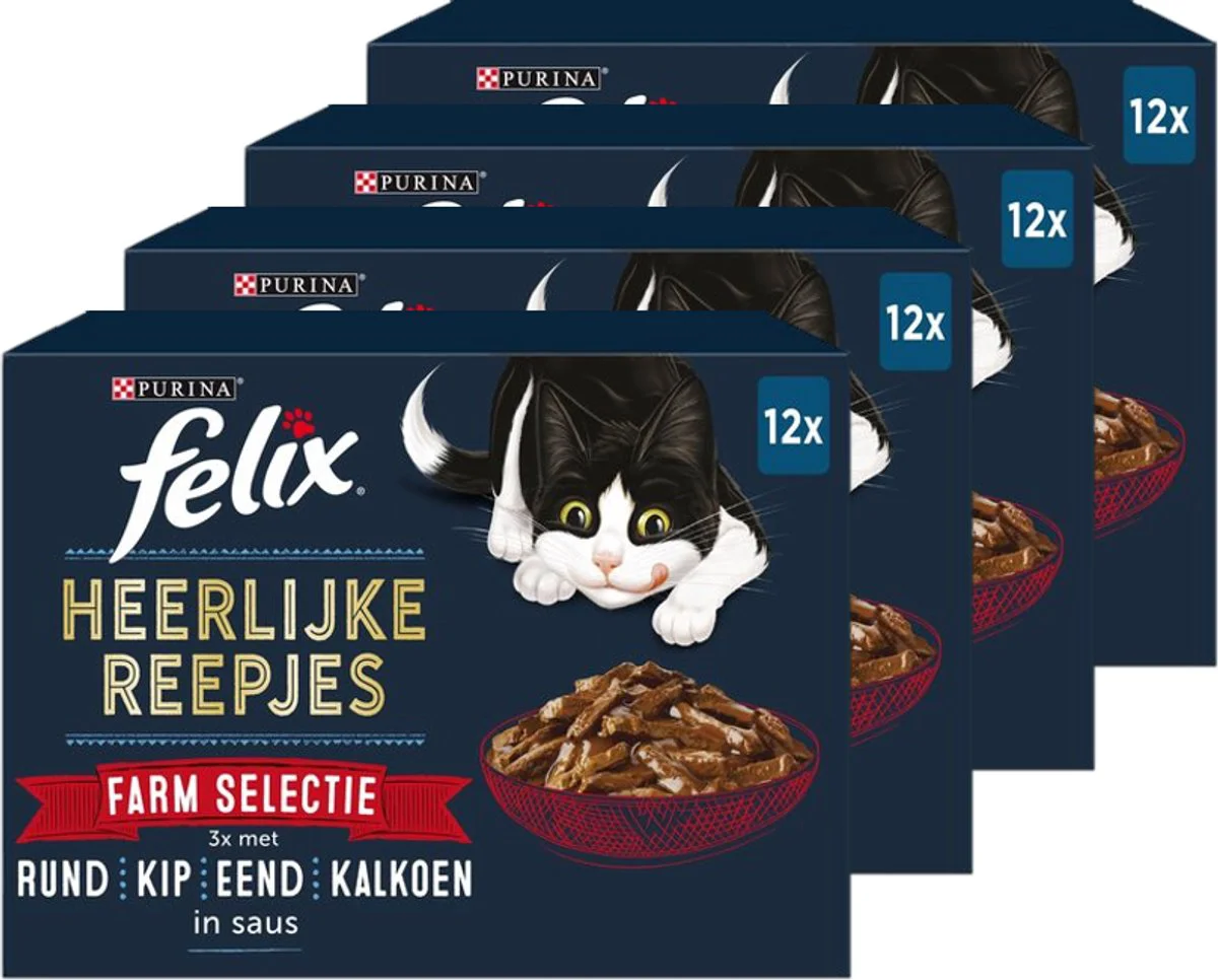 4x Felix Kattenvoer Nat Heerlijke Reepjes Farm Selectie 12 x 80 gr