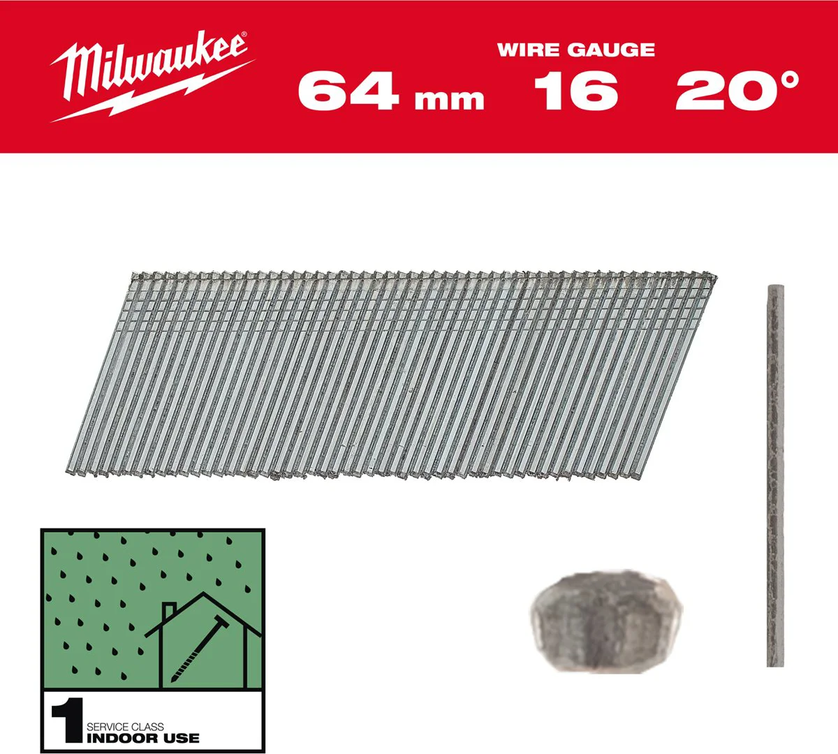 Milwaukee Nagels 16 Ga | 20° | 64mm | Gegalvaniseerd | VE=2000 - 4932492586