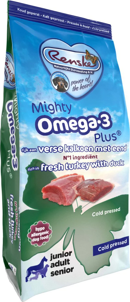 Renske Mighty Omega-3 Plus Geperst Hondenvoer Kalkoen & Eend 12 kg