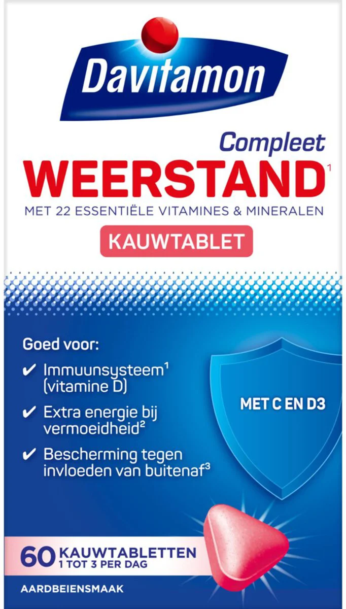 2x Davitamon Compleet Weerstand Kauwvitamines Aardbei 60 kauwtabletten
