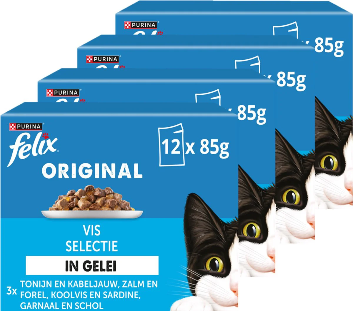 4x Felix Kattenvoer Nat Original Vis Selectie in Gelei 12 x 85 gr